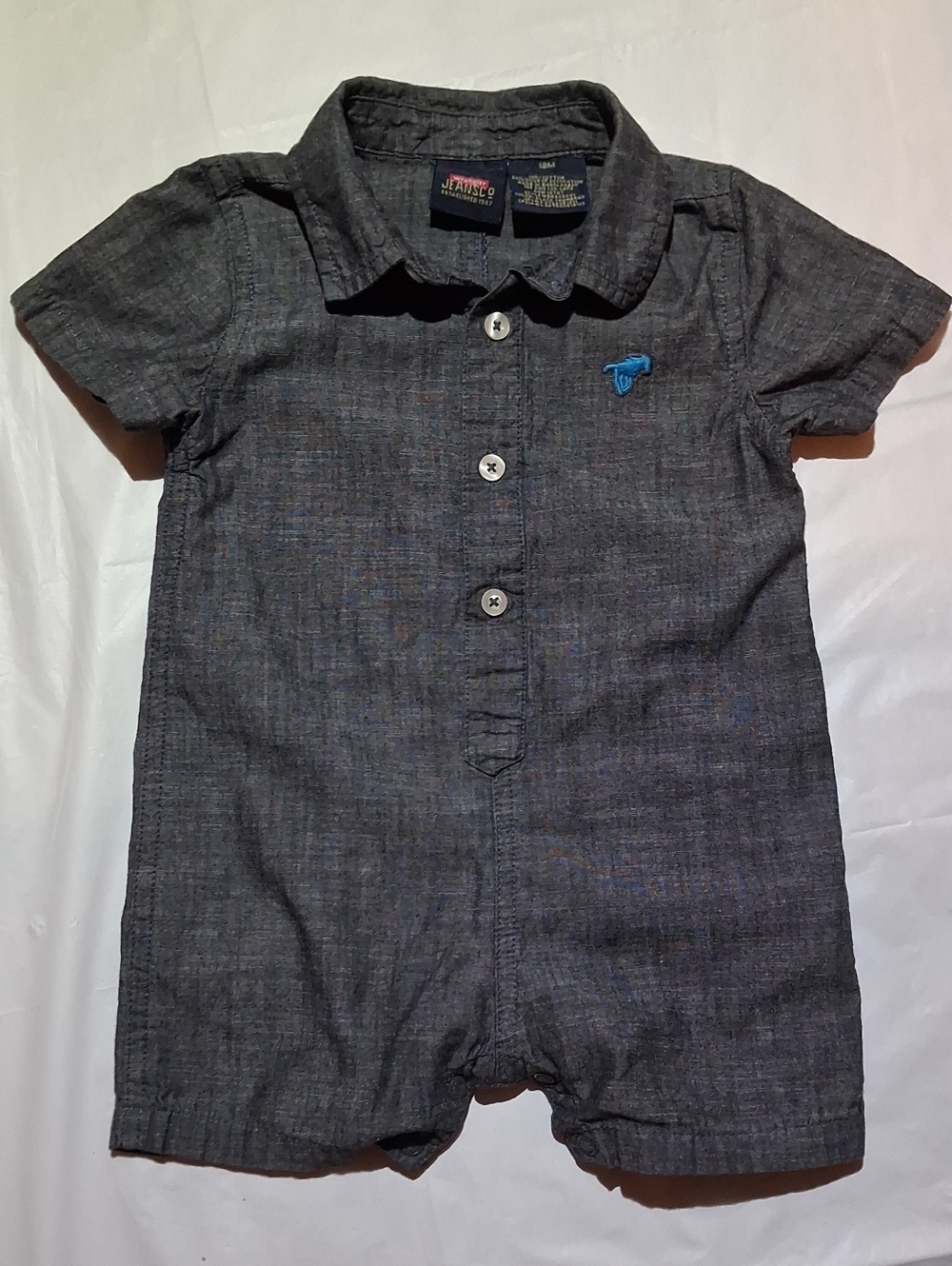 ✨ Wrangler Baby Boy Grey Short Sleeve Chambray Romper - Size 18M ✨